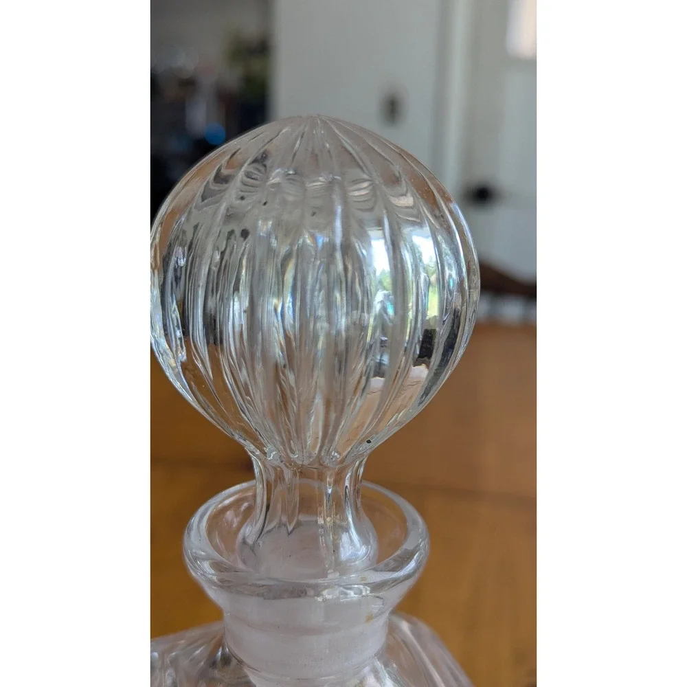 Vintage Clear Cut Crystal Square Decanter with Ribbed Stopper Starburst Pattern